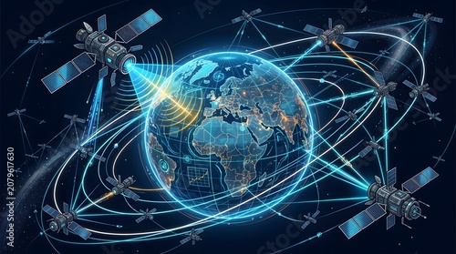 Global satellite network system orbiting Earth with digital communication beams and high tech orbital connectivity paths