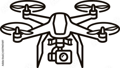 icon of a stylized four-propeller drone with a camera gimbal attached .eps