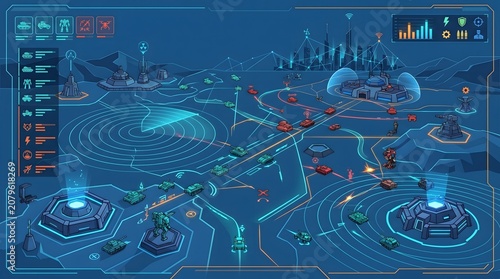 Futuristic Military Command Center Digital Interface Displaying Tactical Battlefield Strategy and Robotic Unit Deployment