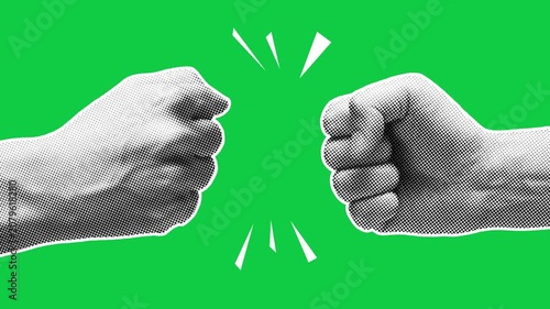 Two halftone fists bumping with impact lines on green background. Retro pop art style, seamless loop suitable for teamwork and casual greeting content.