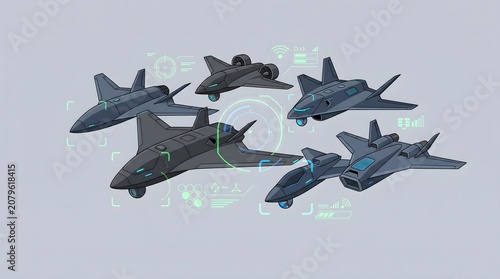 Futuristic fighter jets and advanced aircraft concepts in a modern design with holographic displays, symbolizing innovation and defense