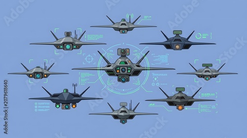 Collection of futuristic stealth fighter jets with advanced avionics displays