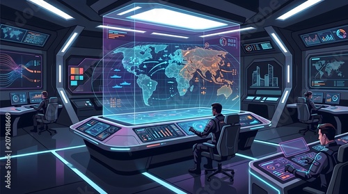 Futuristic command center with operators monitoring a global holographic map display