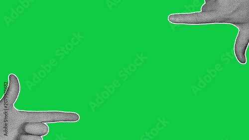 Halftone business hands forming a frame shape with fingers on green background. Retro pop art style, suit sleeves, suitable for focus and creativity concept content.