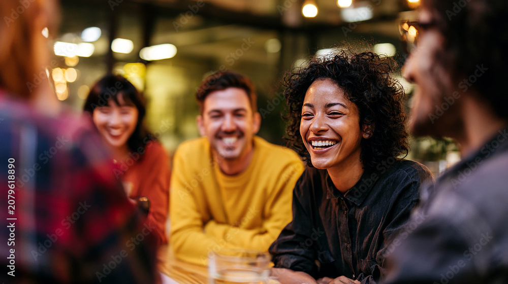 Fototapeta premium Diverse group of friends laughing together during casual evening conversation