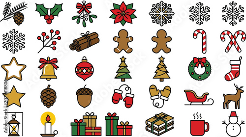 Christmas Holiday Icons Set Festive Decoration Elements Vector Collection Isolated on White Background