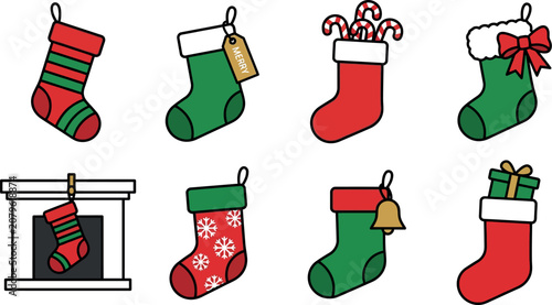 Christmas Stocking Vector Set Holiday Sock Icons Collection Isolated on White Background