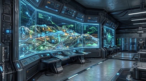 Futuristic High-Tech Command Center with Large Holographic Digital Map Interface in a Sci-Fi Control Room