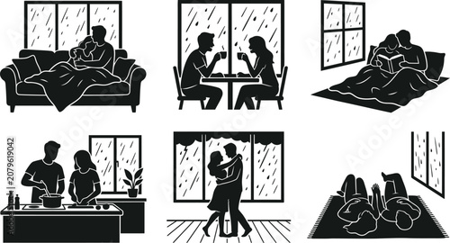 Rainy Day Cozy Couple Silhouette Set Indoor Romantic Lifestyle Scenes Black Vector Collection Isolated