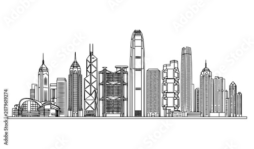 Tableau sur toile Hong Kong Skyline Vector Illustration with Modern City Architecture EPS