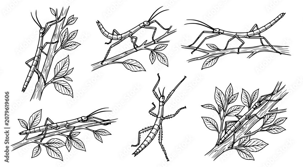 Obraz premium Stick insect collection line art set featuring various phasmatodea species on branches and leaves in detailed black and white illustration style for nature education and scientific entomology projects