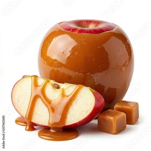 Fresh red apple covered with sweet golden caramel sauce and small candy pieces