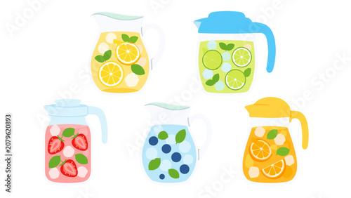 Tableau sur toile Set of fruit infused drinks in pitchers and jugs illustration