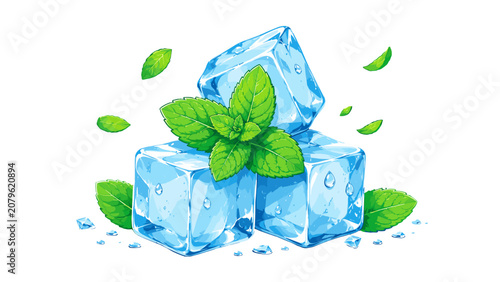 Tableau sur toile Mint leaves with clear ice cubes in a fresh vector composition