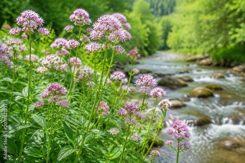 Obraz premium Cluster of valerian plants with pink-white flowers growing by a stream.