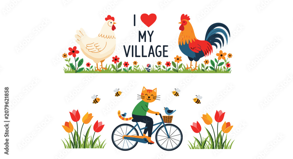 Obraz premium Vibrant village life scenes include a rooster and hen in a garden and a cat riding a bicycle through a field of colorful blooming tulips.