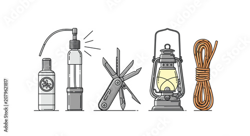 Outdoor adventure equipment set includes two bug spray bottles, a folding multi-tool, classic lantern, and sturdy climbing rope on white background.