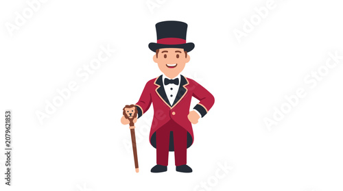 Animated circus ringmaster holding a wooden cane.