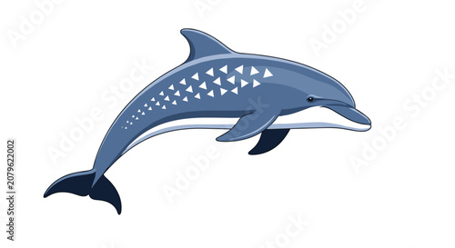Stylized blue dolphin jumping with decorative white geometric triangle patterns on its body for marine animal themes.