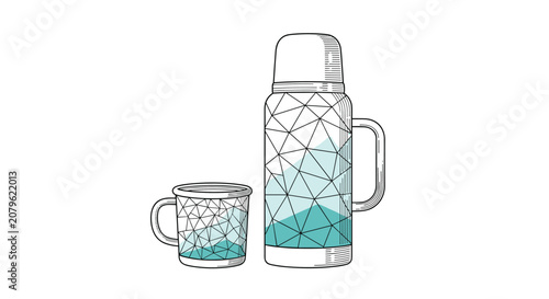 Hand drawn thermos and mug set with decorative geometric mountain patterns isolated on white background.