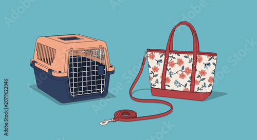 Pet travel accessories including a plastic carrier cage a floral handbag and a red leash for cat or dog.