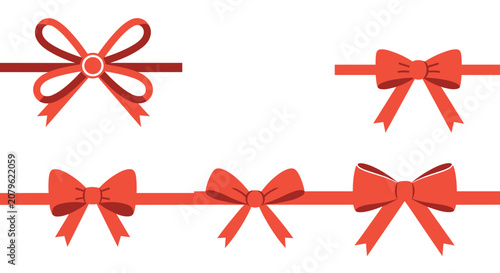 Set of five red decorative ribbons with bows for gift wrapping and holiday decorations on white background.