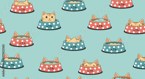 Fun seamless pattern of cat heads popping out of colorful polka dot food bowls on light blue background.