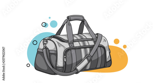 Grey sports duffel bag with handles and shoulder strap for gym and travel isolated on abstract background.