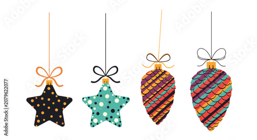 Set of four decorative christmas ornaments including stars and pinecones with bows for holiday tree decoration.