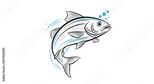 Dynamic line art illustration of a large fish leaping out of the water with air bubbles on white background.