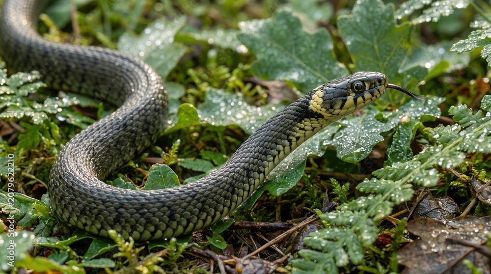 Obraz premium Grass snake moving through wet green foliage with tongue extended, reptile wildlife closeup, natural camouflage, forest habitat, fascinating biodiversity, outdoor macro scene.