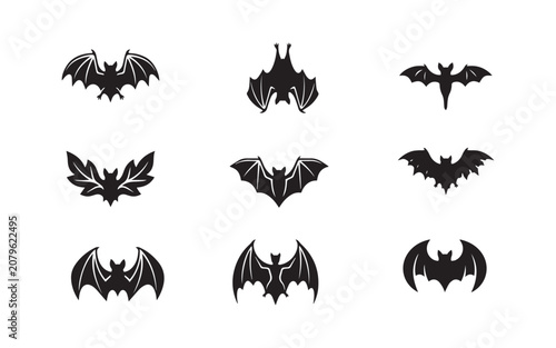 Set of black bat silhouettes for halloween design