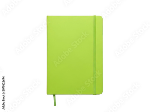 Bright green moleskine-style notebook closed