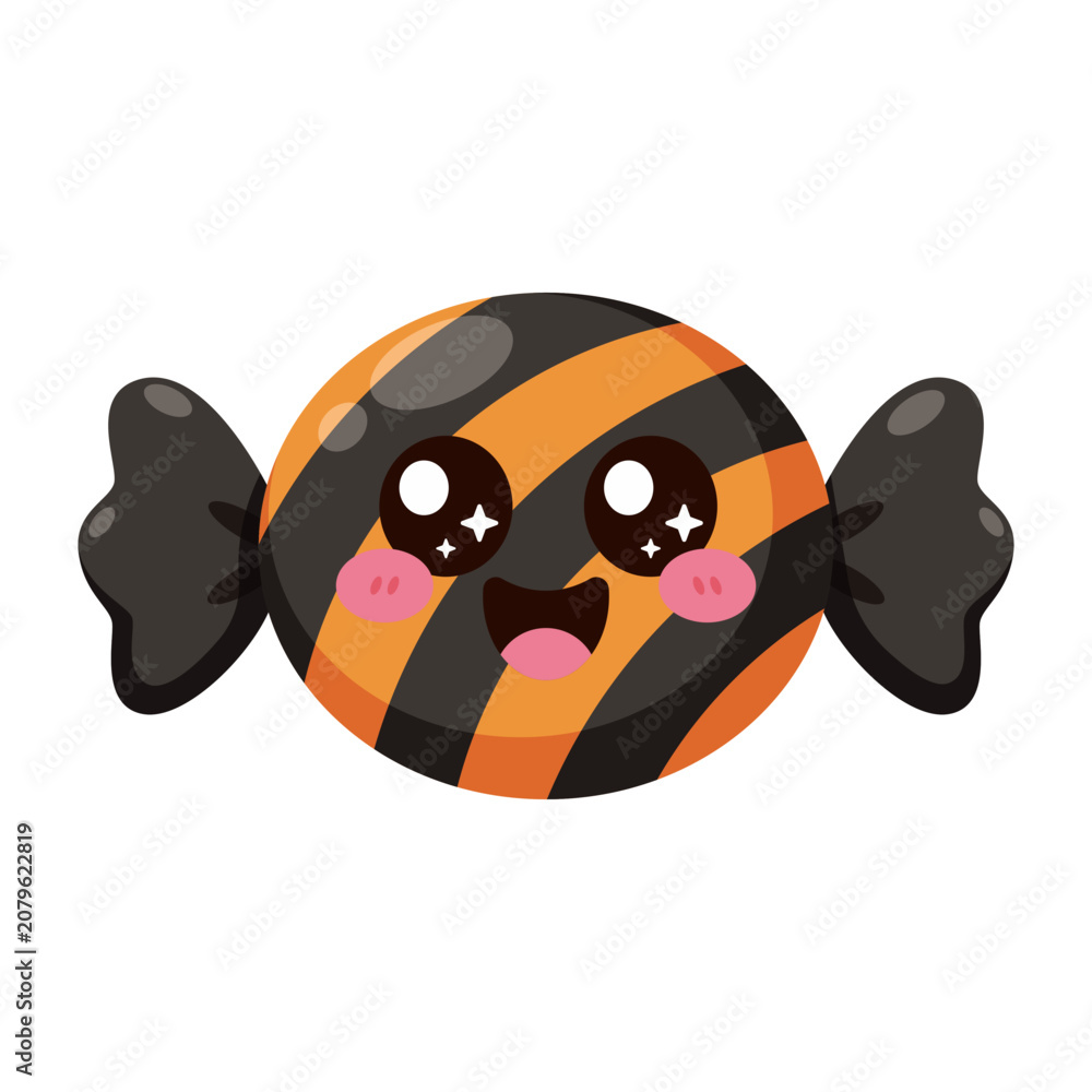Fototapeta premium Cute Halloween Striped Wrapped Candy Cartoon Icon with Smiling Face
