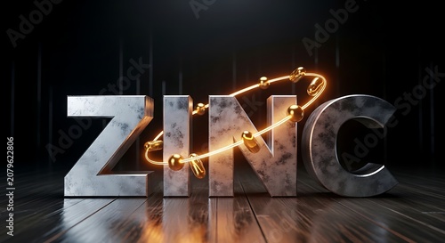 Text art: metallic 'zinc' letters with glowing orange energy ring wood floor typography industrial material chemical