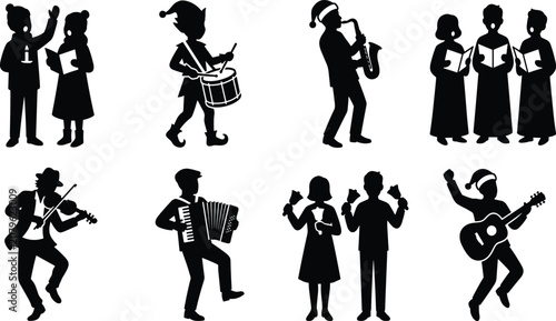 Foto Christmas carolers and holiday musicians silhouette icons set featuring singers