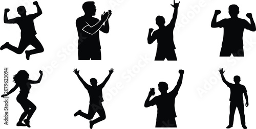 Collection of energetic people silhouettes celebrating jumping cheering clapping and raising hands in success