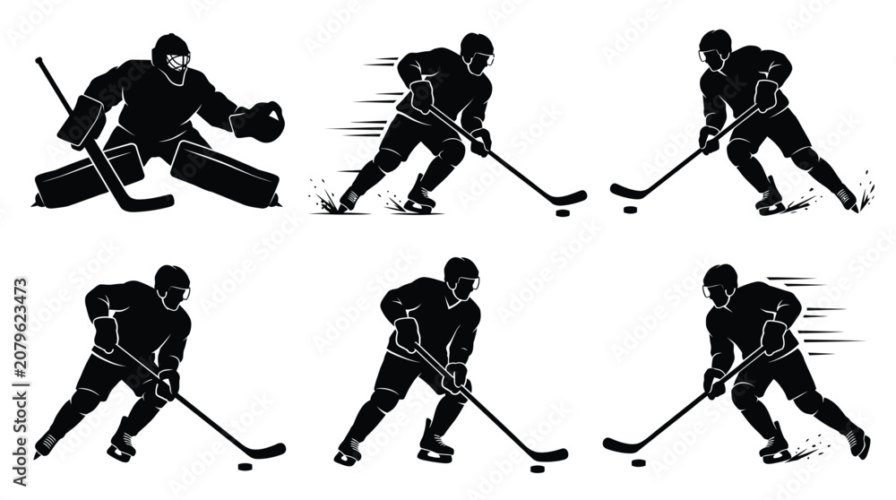 Fototapeta premium Black silhouettes of professional hockey players in various active poses performing during an intense game