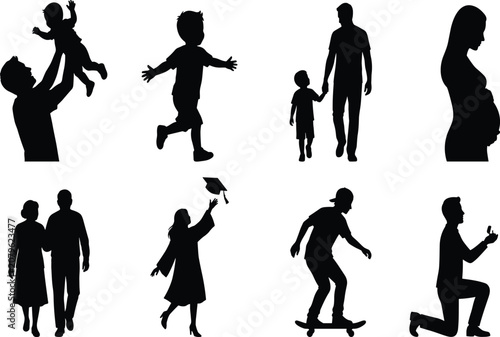 Fotografi Life stages and family milestones silhouette icons set showing pregnancy childho
