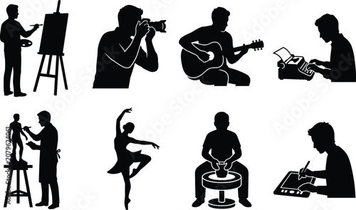 Set of creative people silhouettes including artist painter photographer musician writer sculptor dancer potter and digital designer