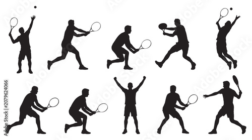Bild auf Leinwand Tennis Player Silhouettes In Dynamic Action Poses Black Silhouette
