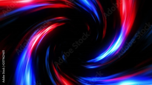 High-resolution 4K motion graphic featuring an intense, swirling vortex of vibrant red and electric blue light trails on a deep black background. 