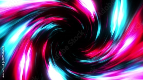 High-resolution 4K motion graphic featuring an intense, swirling vortex of vibrant neon pink and cyan light trails on a dark background. 