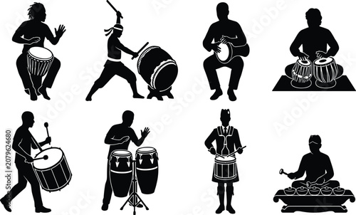 Traditional percussionists and drummers silhouette icons set featuring ethnic musical instruments from diverse cultures