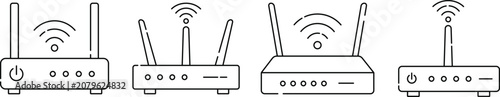 Wi-Fi Router Icons Set Vector Illustration, Wireless Network, Internet Connectivity and Networking Device Line Art Collection