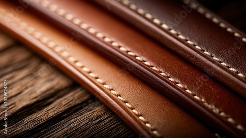 Close-up of leather straps with contrast stitching on wood