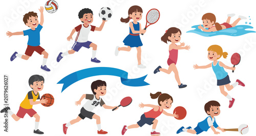 Foto Children engaged in various sports activities on a white background