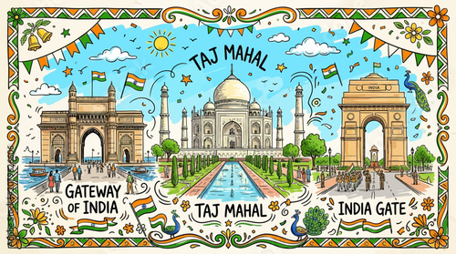 Taj Mahal, Gateway of India, and India Gate are showcased together in a vibrant hand-drawn illustration celebrating Indian landmarks.