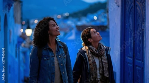 Two women holding hands and looking up at historic blue buildings in Chefchaouen during twilight