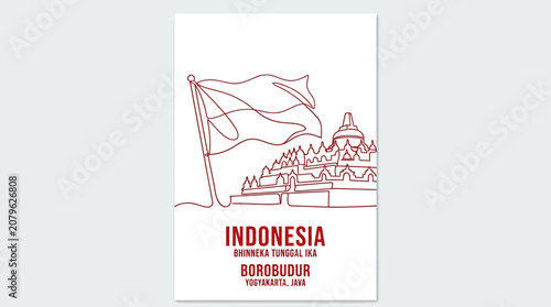 Borobudur Temple stands as a majestic symbol of Indonesian heritage rendered in a clean minimalist single line art style.